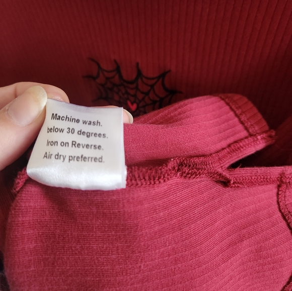 Kina & Tam Loveweb Top Spiderweb Heart Red Mockneck Ribbed Top - Picture 9 of 9